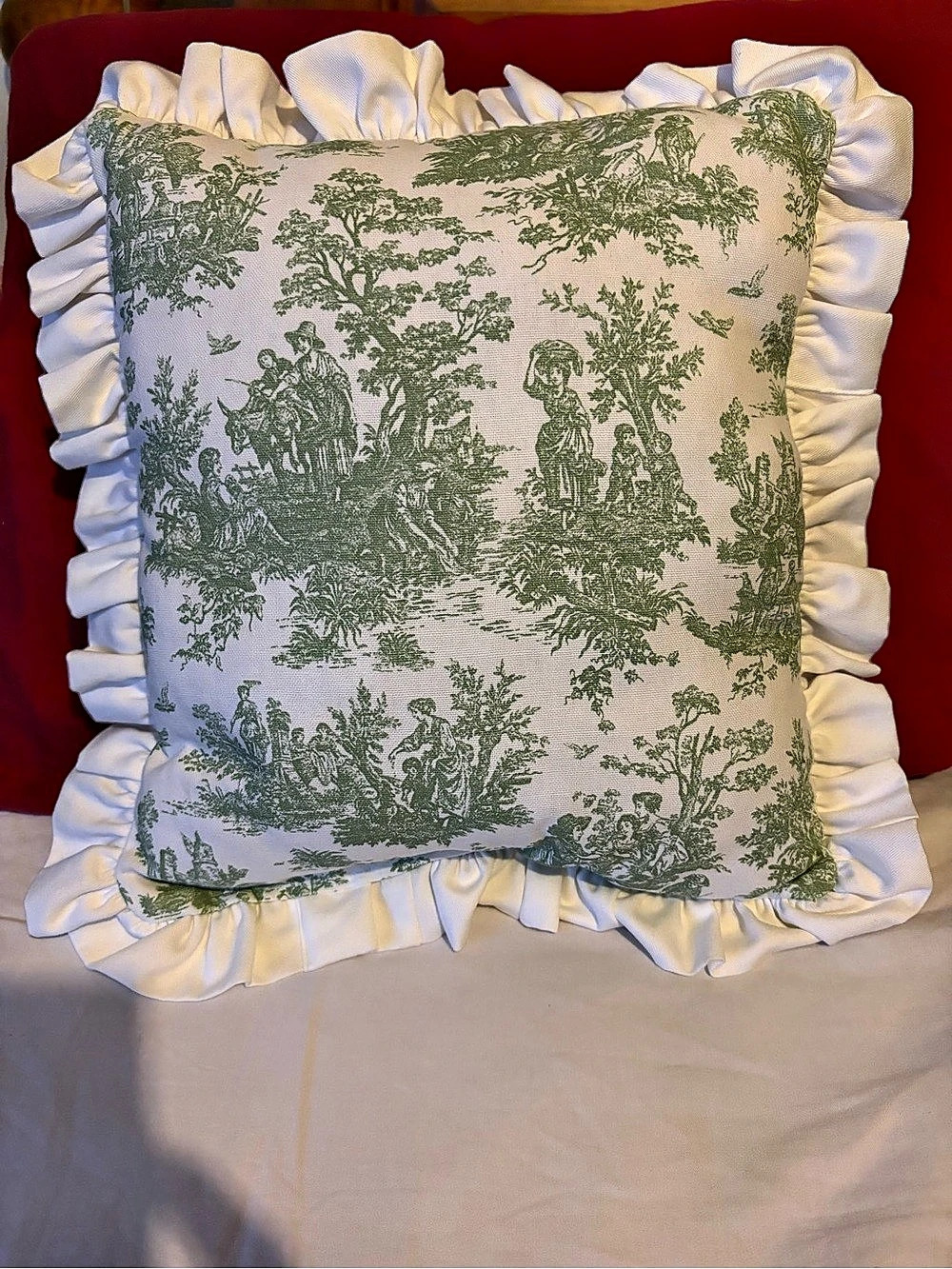 Green Toile Floral Ruffle Accent Pillow